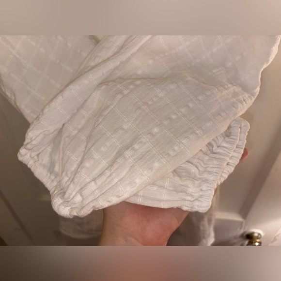 Aerie White Eyelet Button-Up Cotton Linen Romper 3/4 Sleeve Drawstring Waist - L - Picture 6 of 14